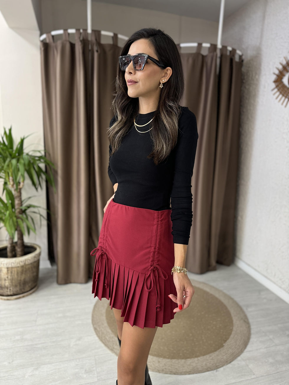 BÜZGÜ DETAYLI ETEK BORDO