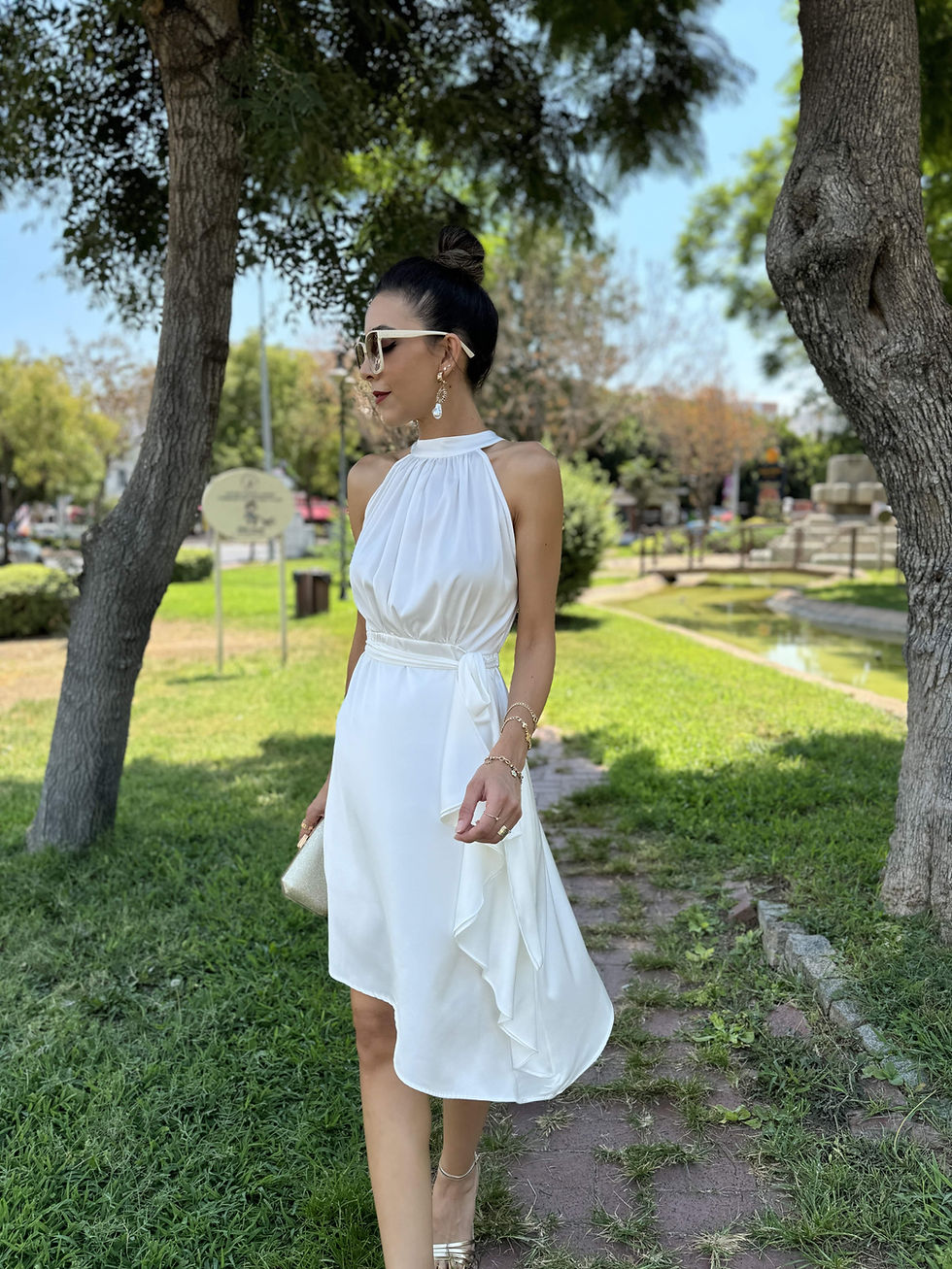 ASİMETRİK KESİM HALTER YAKA SATEN ELBİSE