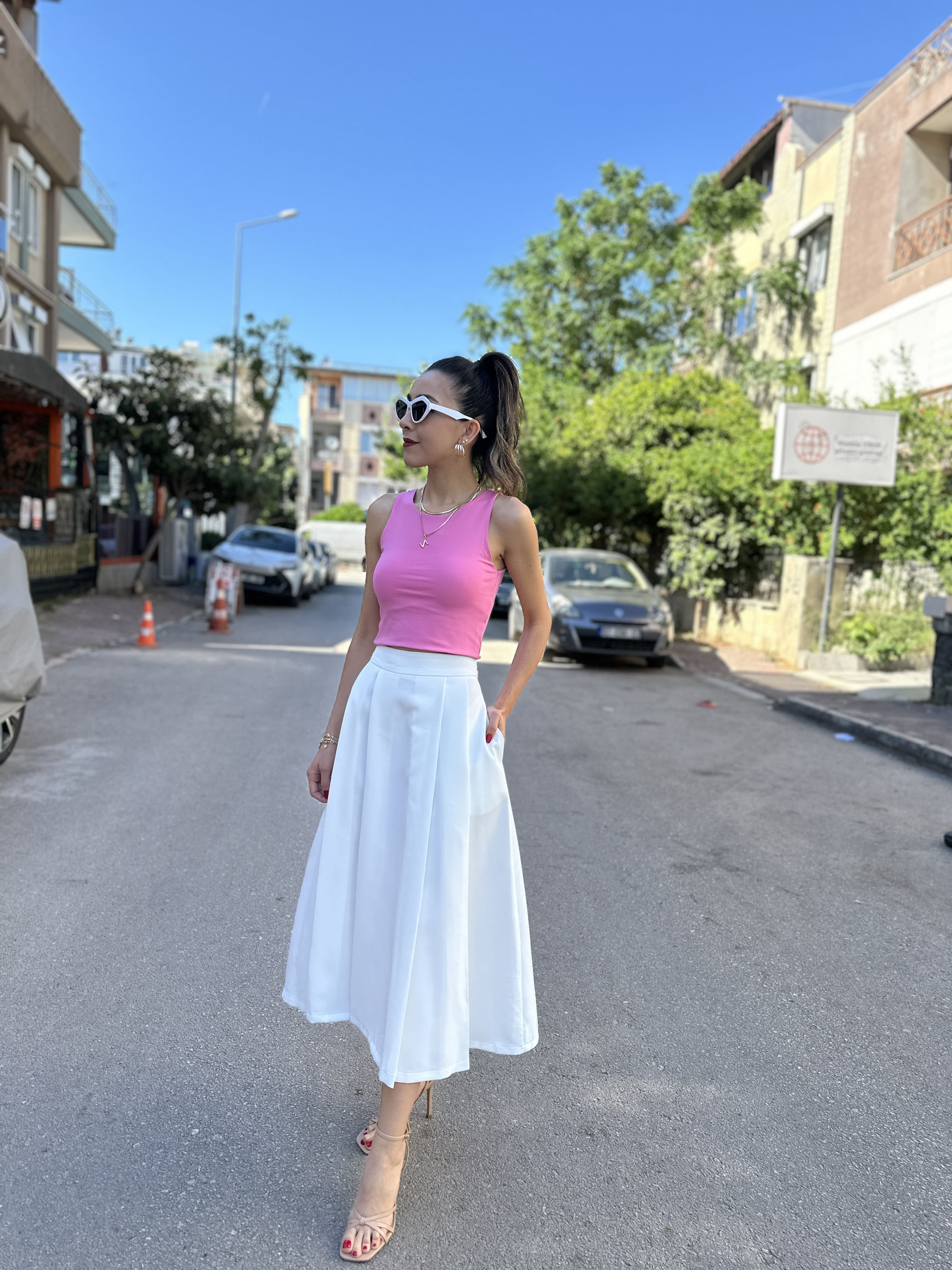 DOUBLE KUMAŞ MİDİ BOY ETEK EKRU