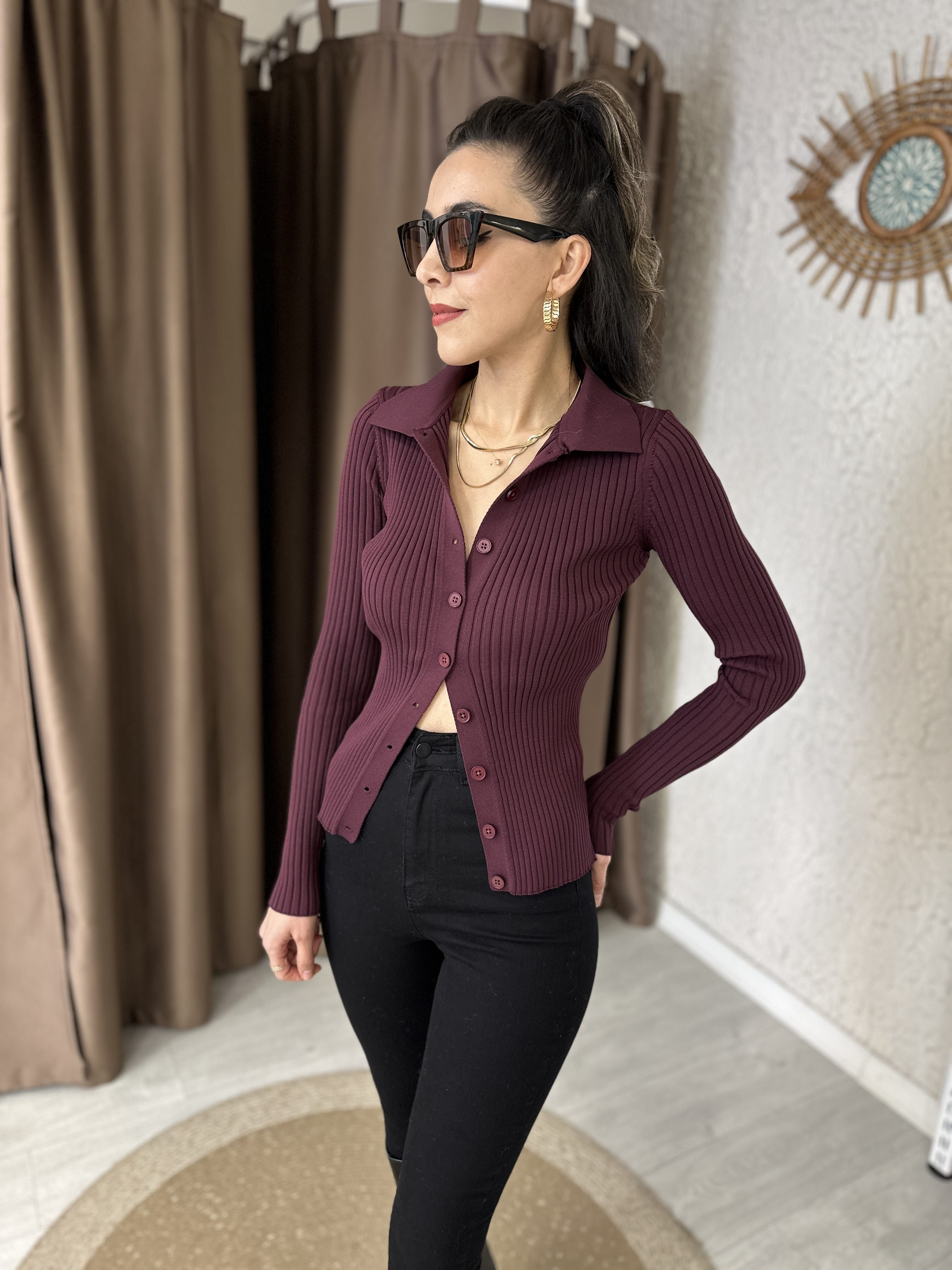 POLO YAKA DÜĞMELİ TRİKO BLUZ BORDO