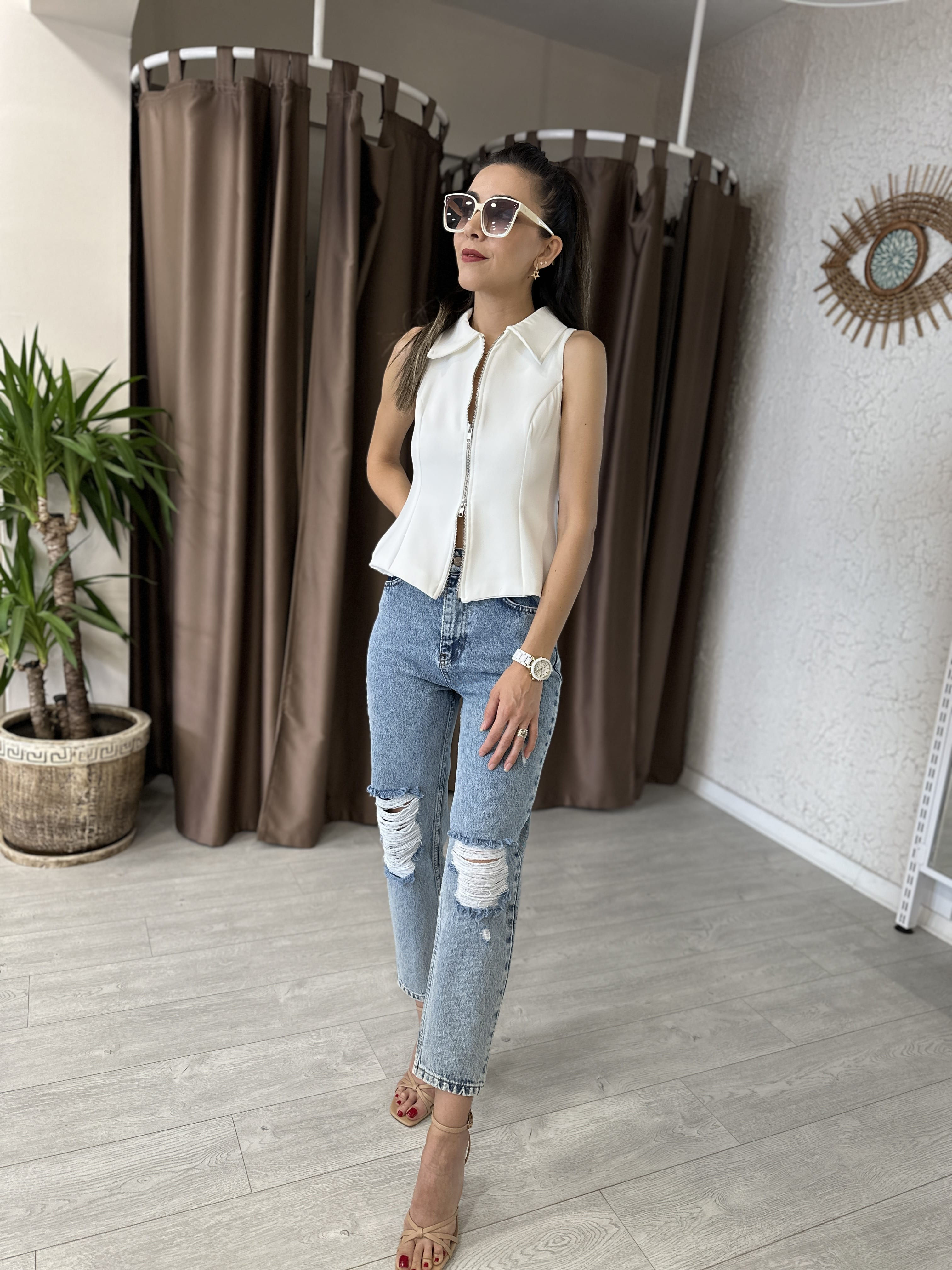 FERMUAR DETAYLI YELEK BEYAZ