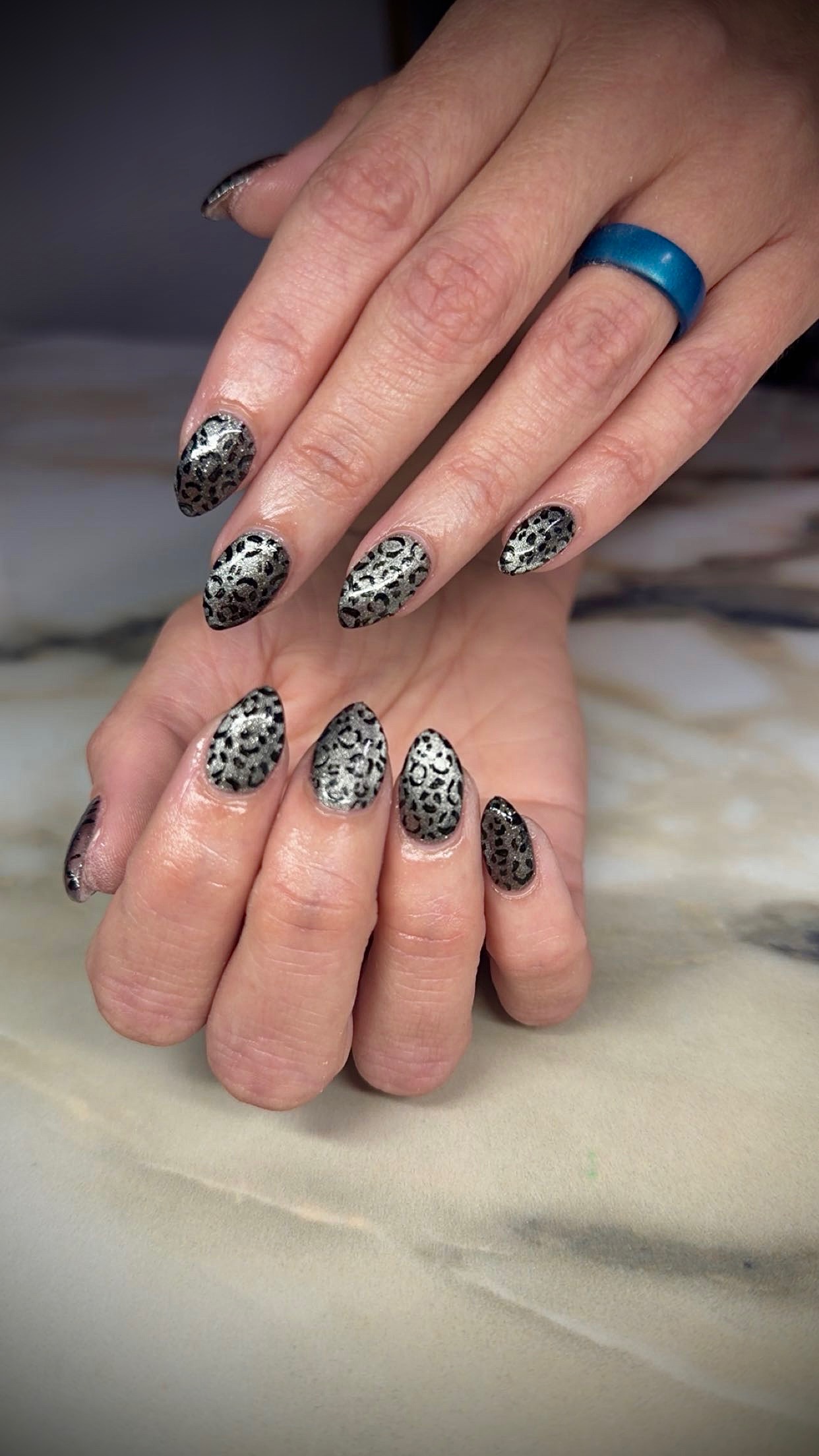 Silver leopard-print nails by Tiffany Campbell