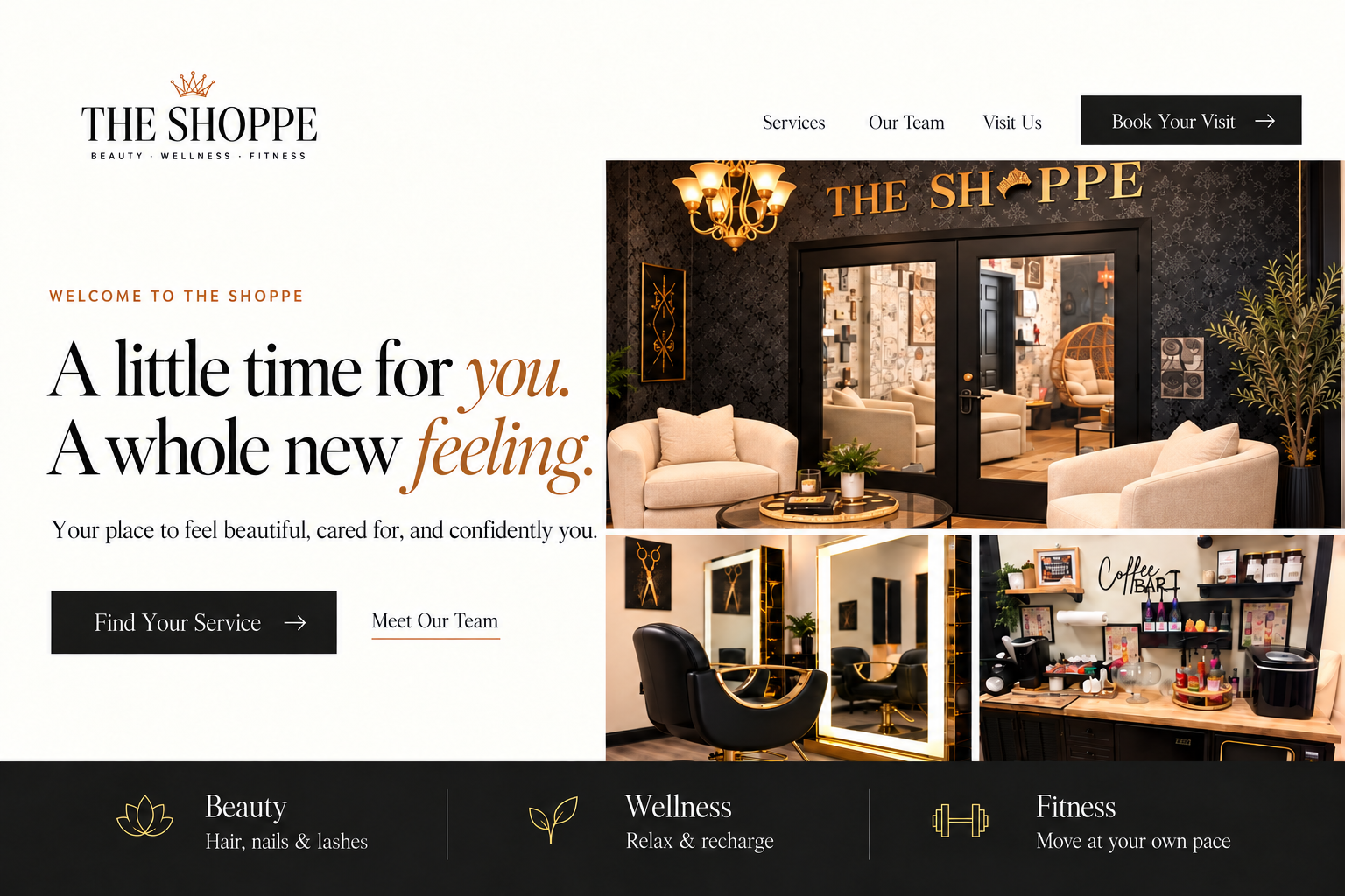 The Shoppe entrance and lounge, salon styling chair, and coffee bar