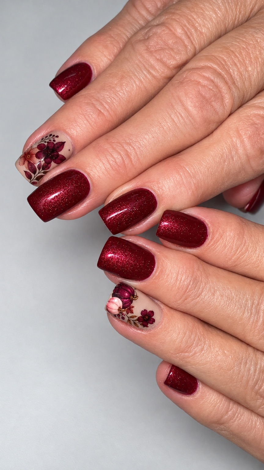 Burgundy shimmer nails with autumn florals by Sherry Ball