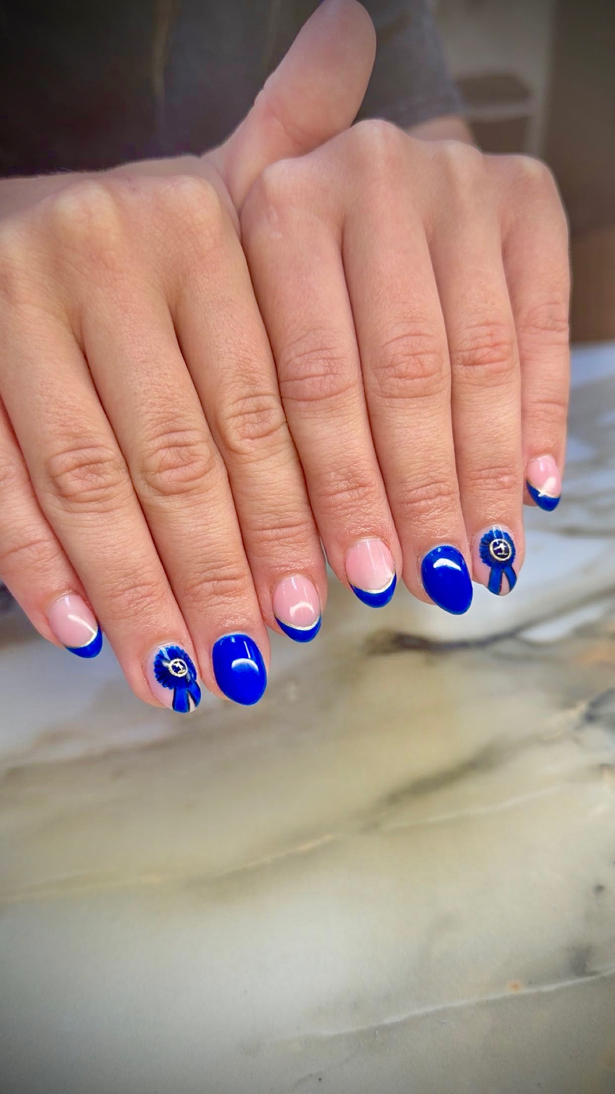 Royal blue French tips with ribbon accents by Tiffany Campbell