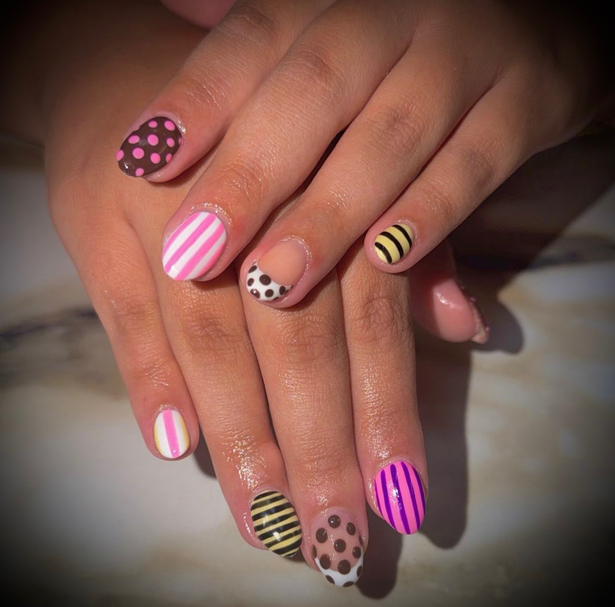 Pink and yellow stripes and dots by Tiffany Campbell