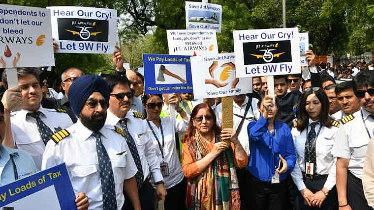 Jet Airways staffers on the streets of Mumbai to appeal to the government to bail out the airline after it suspended operations in 2019 (Picture Credit: IANS)