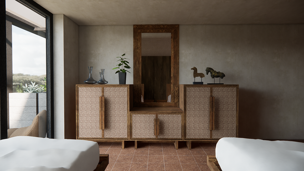 Meuble de rangement en bois et rotin dans un intérieur minimaliste