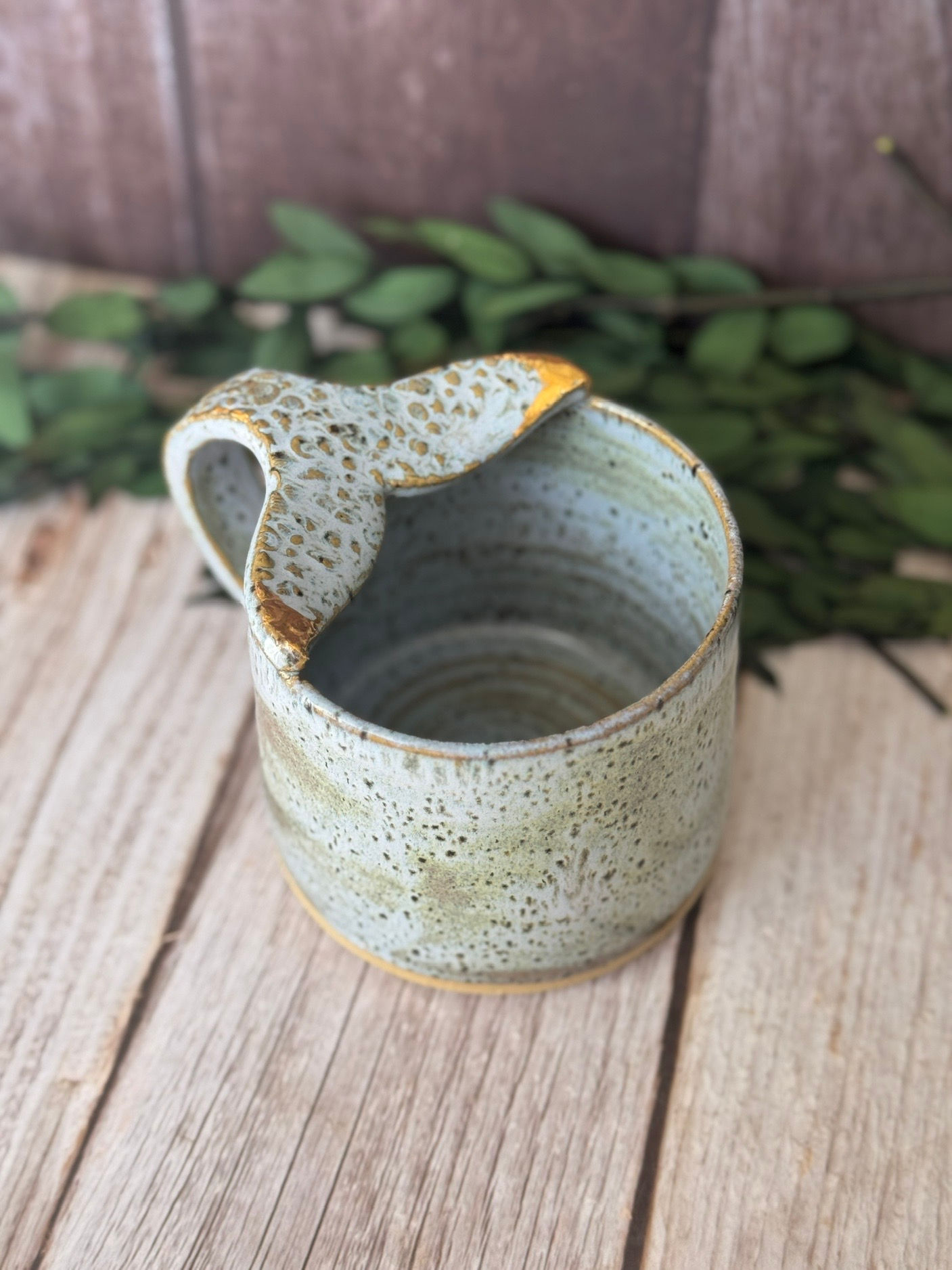 Whale tail handle mug -Soft Blue with black spots
