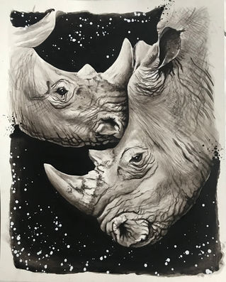 Couple de rhinocéros - dessin stylo - noir & blanc - peinture acrylique  sur carton