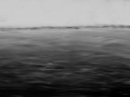 A grayscale image of calm, misty water fading into fog, symbolizing uncertainty and exhaustion during the job search process. Original Chatpastel art for “job hunting feels like a second job.”