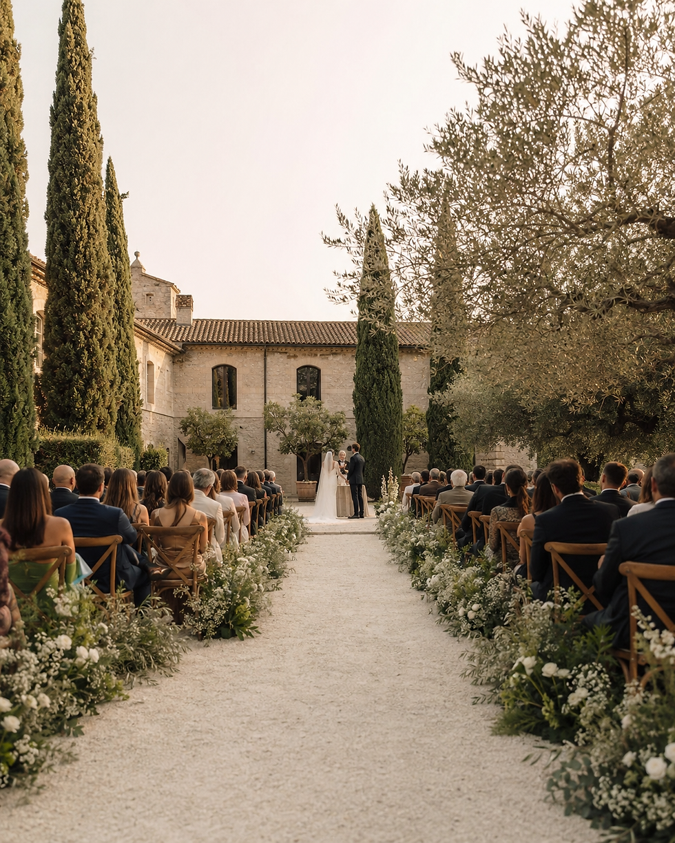 Ceremonia de boda al aire libre en Finca L’Almara, con invitados, flores blancas y arquitectura mediterránea de piedra