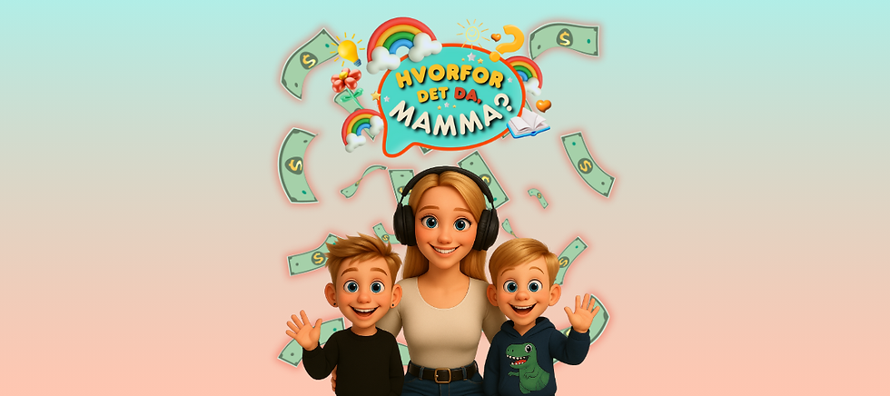 Mamma, Max og Leo foran en sky av penger