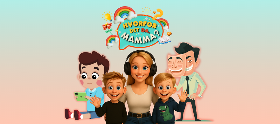 Mamma, Max og Leo med en gutt på ipad og en slem mann bak en maske