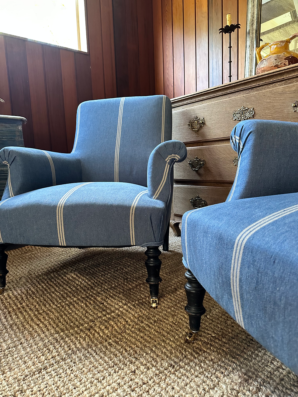 Thumbnail: Blue Stripe Linen Antique Napoleon Armchairs 
