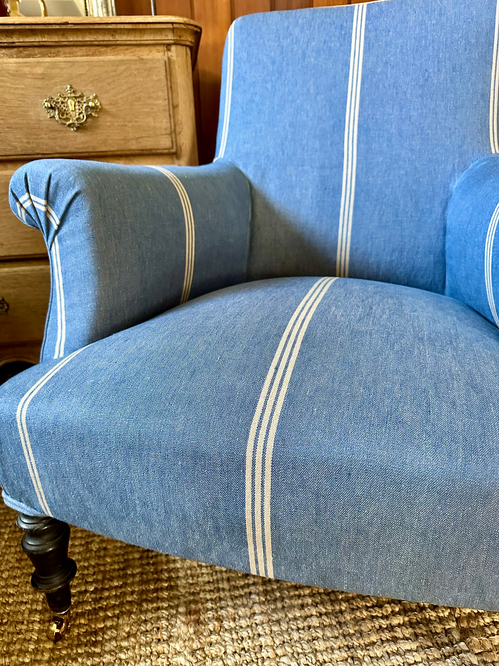 Thumbnail: Blue Stripe Linen Antique Napoleon Armchairs 