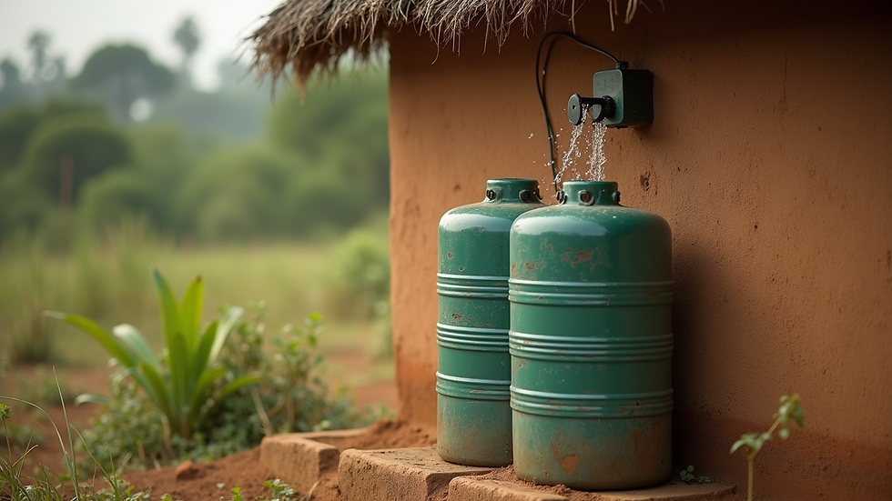Close-up view of a rainwater harvesting system installed on a rural African home