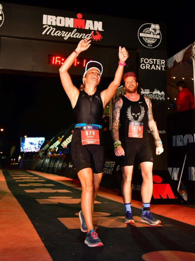 Jeff and I finishing Ironman Maryland 140.6 with a chip time of 15:56:33