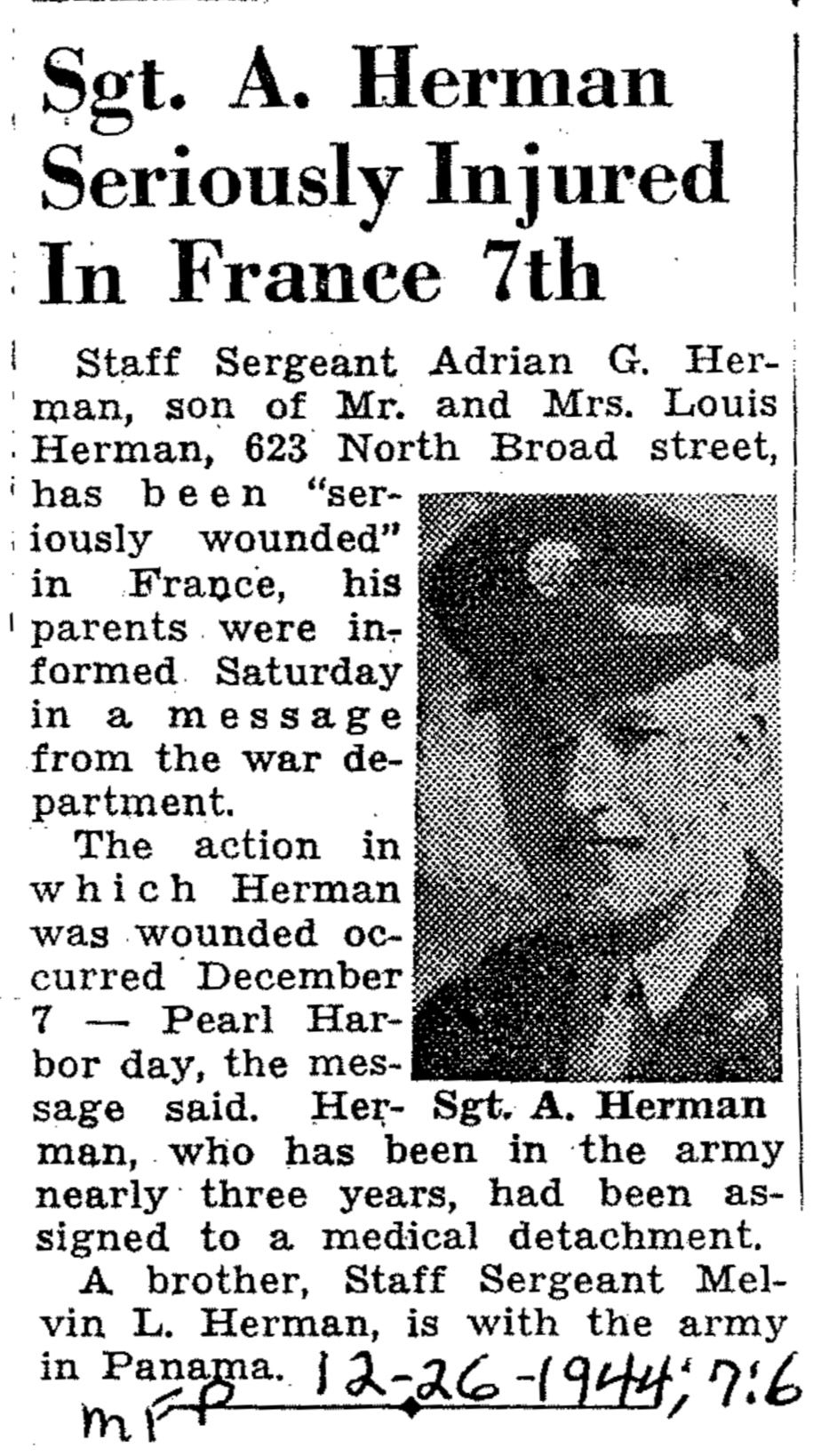 Wartime article telling of Adrian's wound
