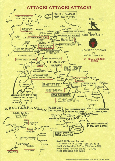 map of the 34th ID's movements through Italy