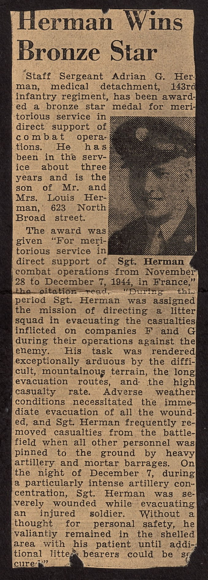 The original wartime article announcing Adrian's Bronze Star
