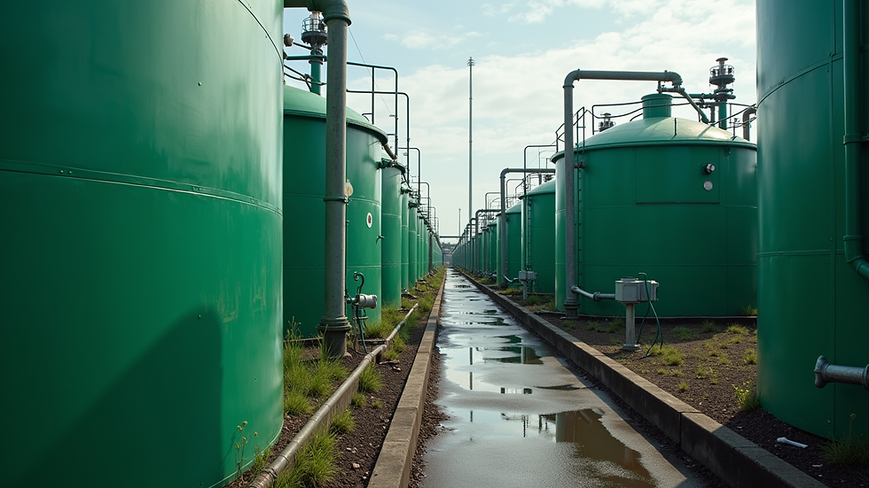 Eye-level view of a biogas plant with green tanks and pipes
