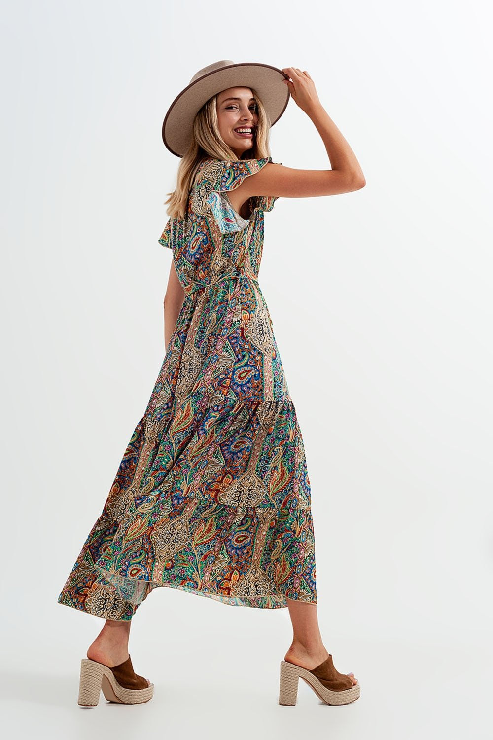 Dressed Ruffle Hem Midaxi Dress in Paisley - Green