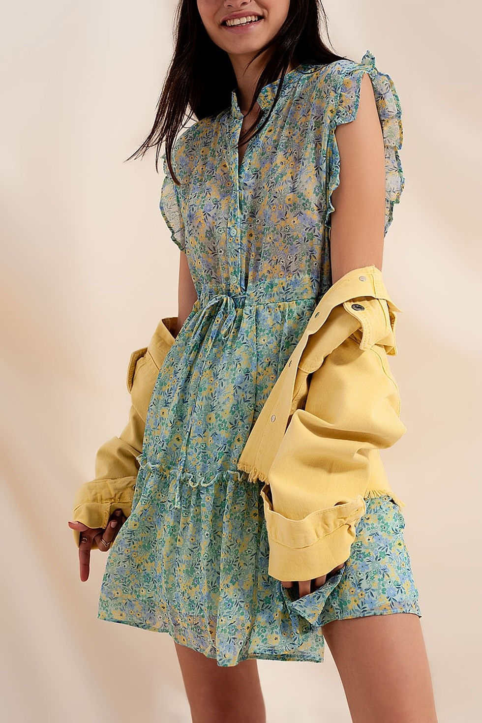 Thumbnail: Mini Dress With Ruffle Trims in Vintage Floral - Green