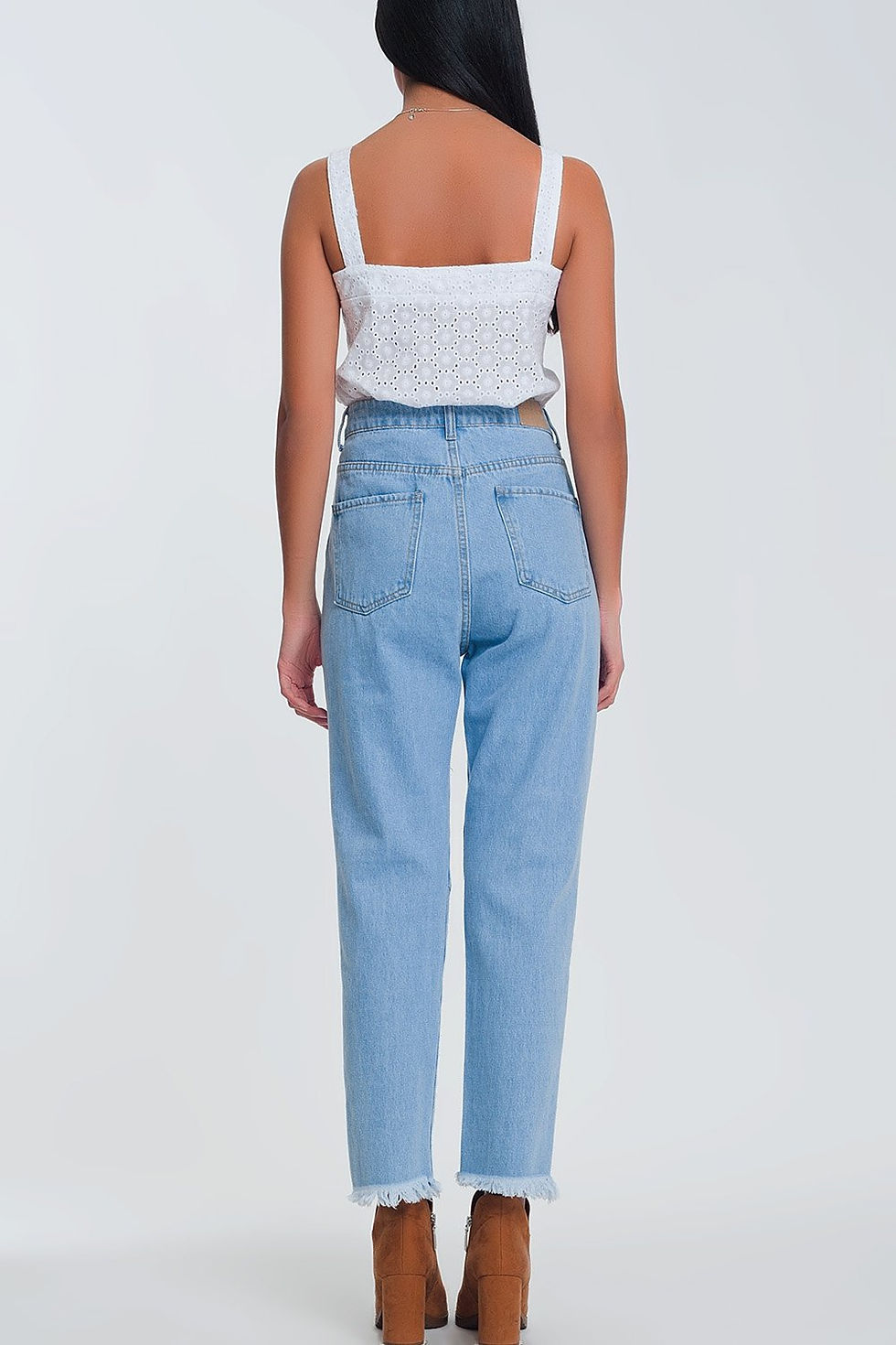Thumbnail: High Waist Mom Jeans With Busted Knees - Light Denim