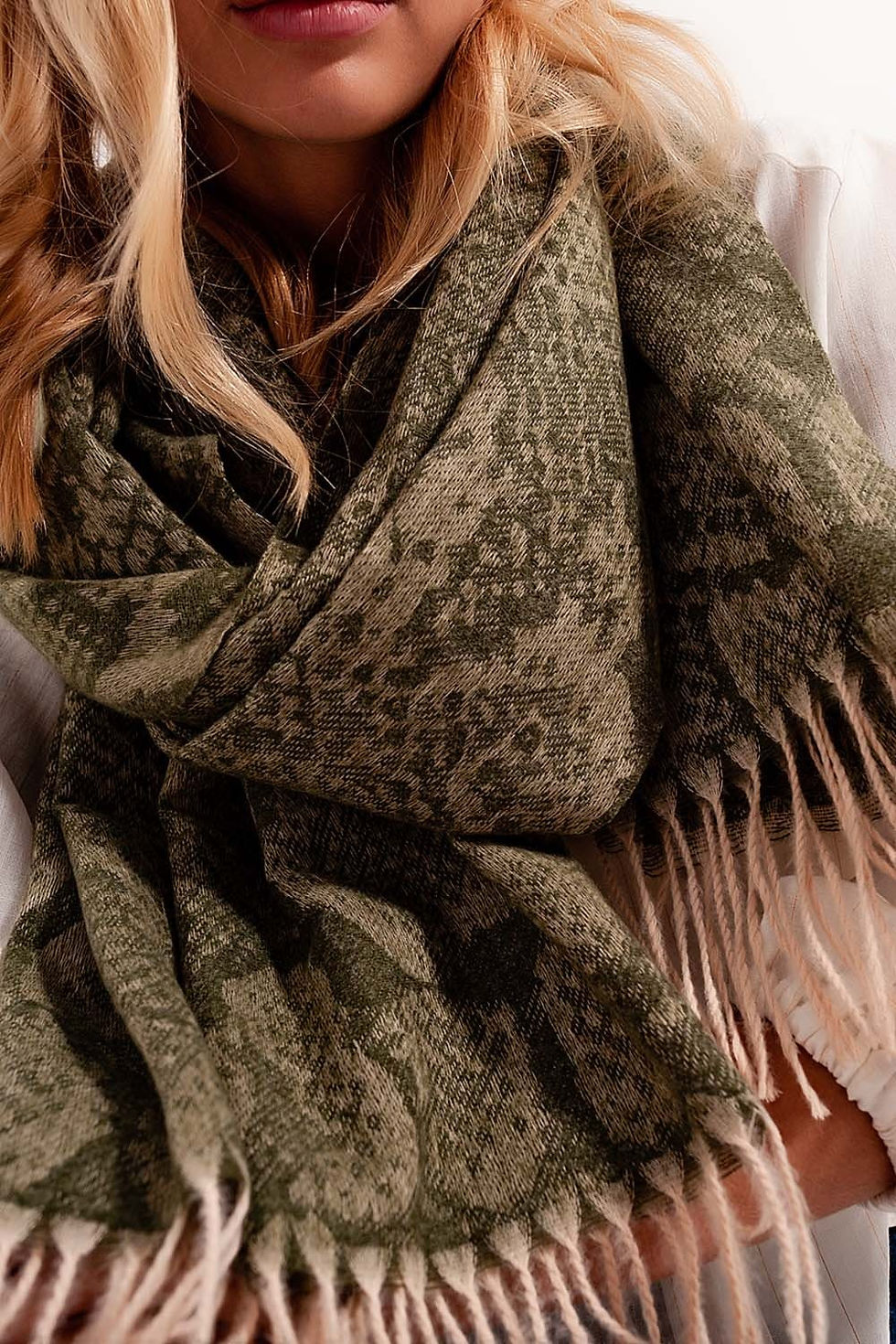 Thumbnail: Green Snake Print Scarf With Bangs