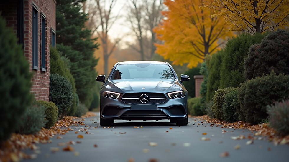 Eye-level view of a car parked in a driveway