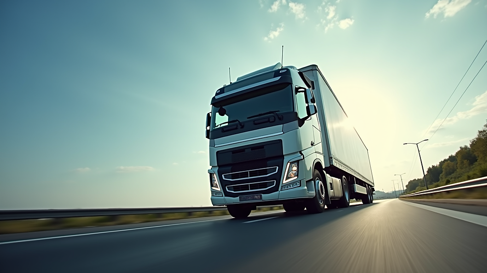Eye-level view of a large commercial truck on a highway