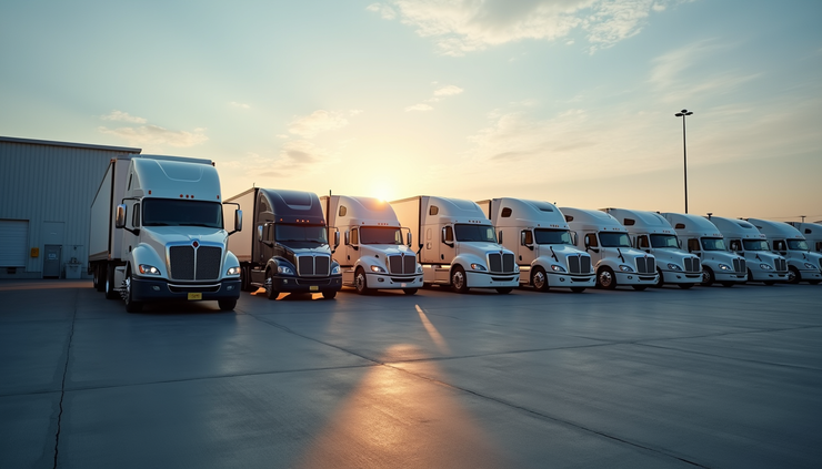 High angle view of a fleet of well-maintained semi-trucks parked in a lot