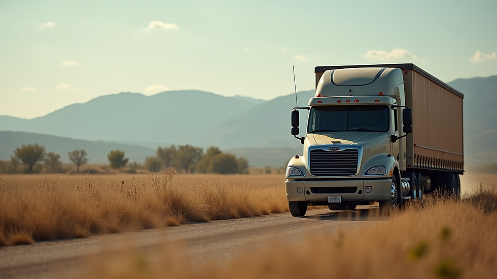 Close-up view of a truck parked in a scenic landscape