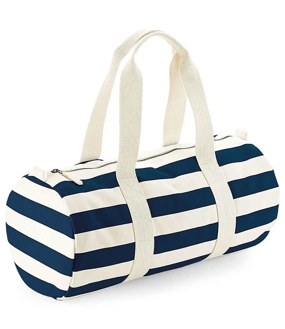 Thumbnail: Personalised Nautical Stripe Barrel Bag with Wash Bag