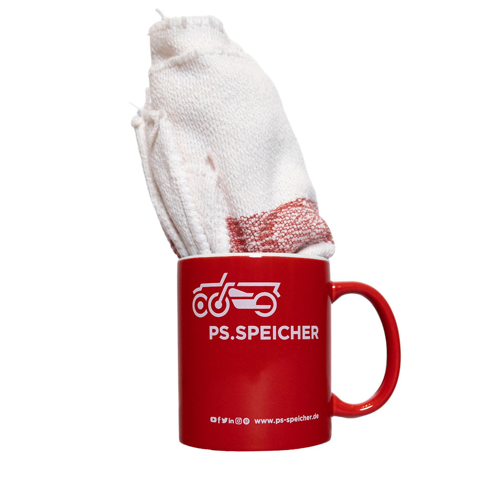 Rote PS.SPEICHER Tasse mit eingelegtem Putztuch 3er Set
