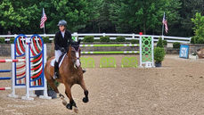 Woman on bay horse gallops accross an arena 