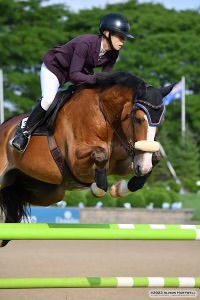 Woman in a maroon coat jumps a bay gelding 