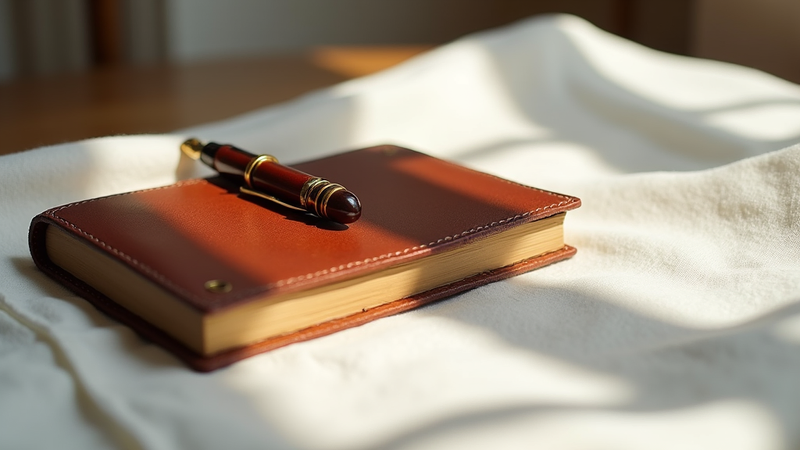 A closed notebook with a pen on top of it.