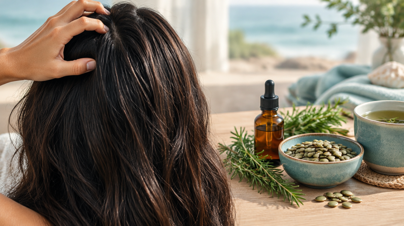 Hand massaging healthy hair beside rosemary oil, pumpkin seeds and green tea