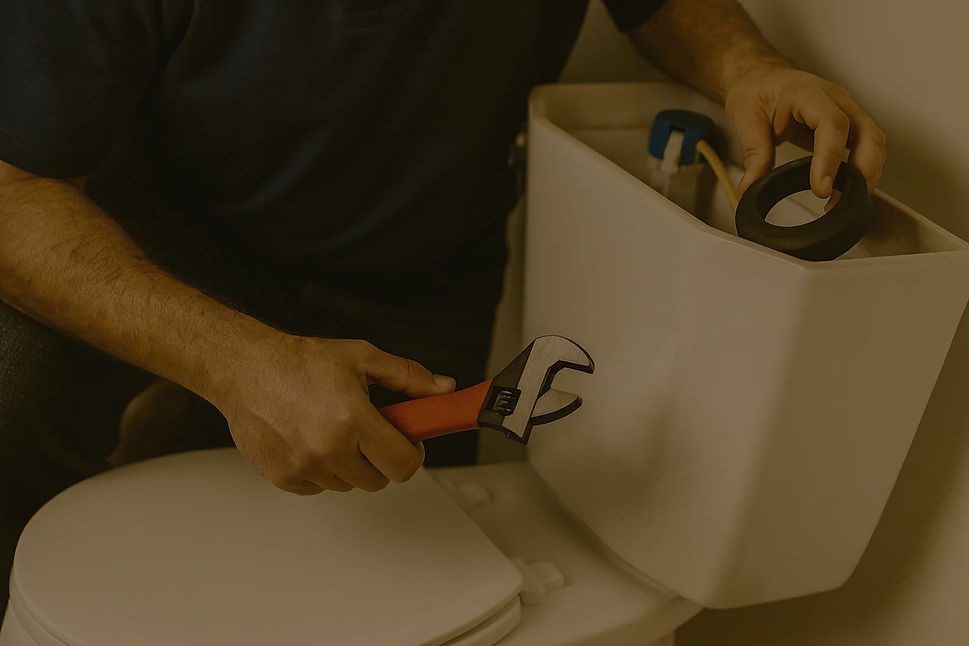 Plumber using a wrench to repair a toilet tank in Toronto home – DrainPro plumbing repair services.