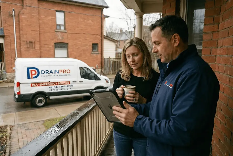 technician is standing and holding a tablet, showing to report to a female customer (1)-op