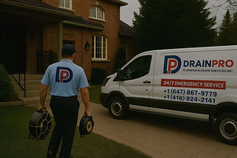 DrainPro Plumbing and Drain Services van and technician providing 24/7 emergency plumbing, drain, and waterproofing services in Toronto and GTA.