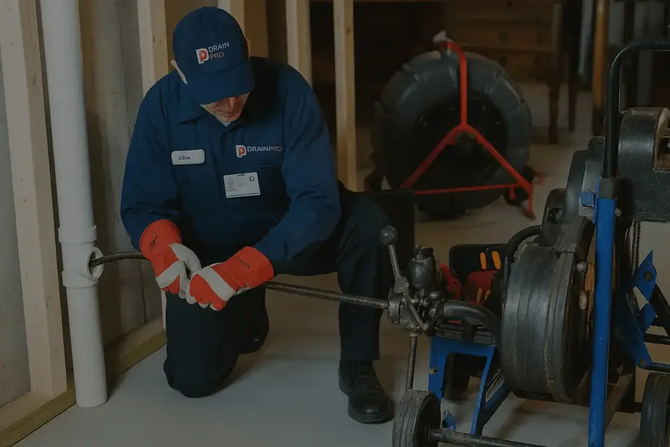 DrainPro technician performing a professional drain camera inspection with specialized equipment in Toronto home basement.