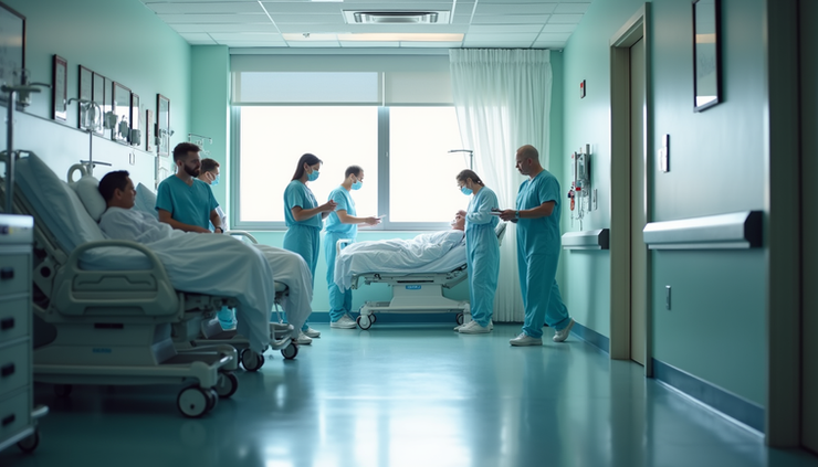 Vista frontal de centro oncológico com pacientes em atendimento