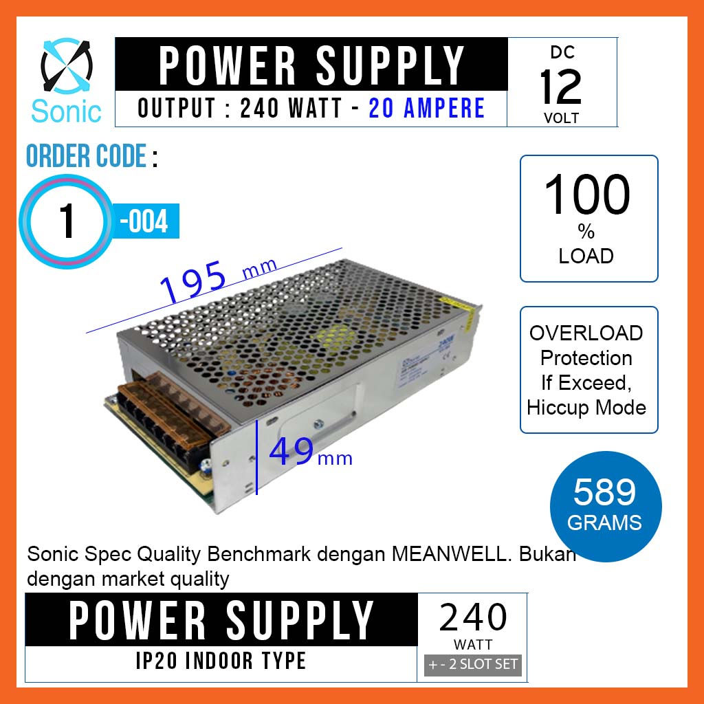 SONIC Power Supply Indoor DC12Volt 20 Ampere 240 Watt