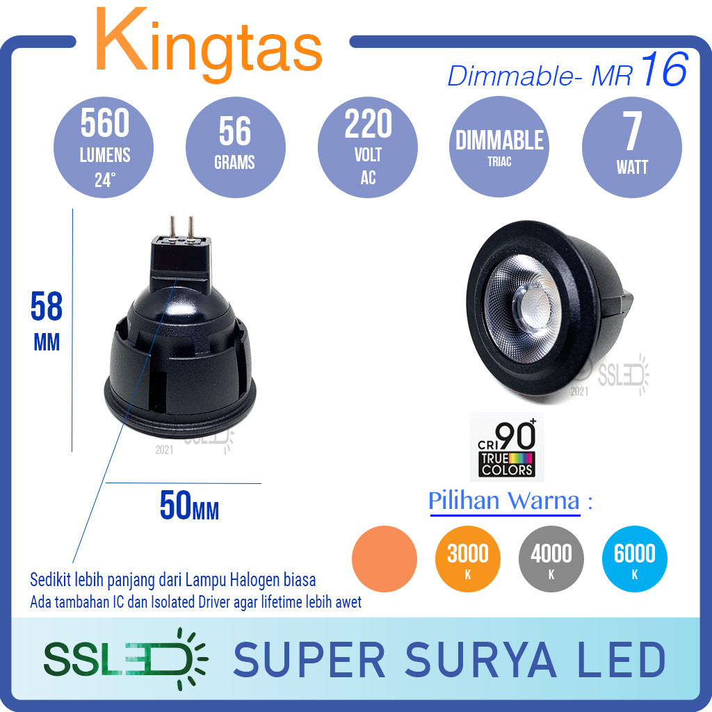 KINGTAS LED MR16 7 Watt AC220 Volt Dimmable BLACK Body