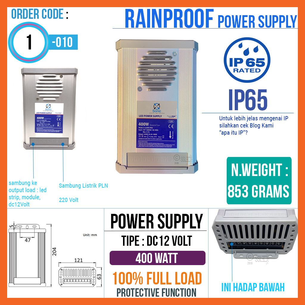 Sonic Power Supply Rainproof DC12V 33.3 Ampere