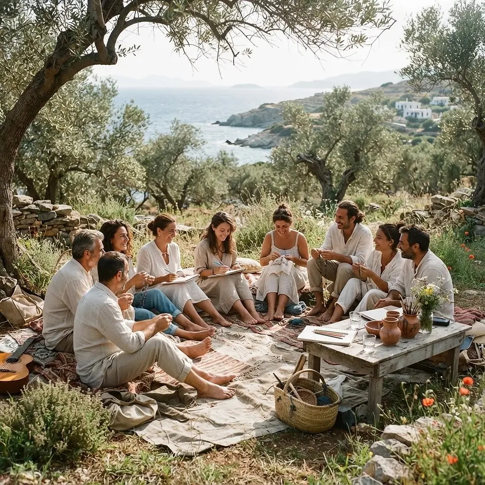 Outdoor lifestyle photography of a group of people sitting in a circle under olive trees. They share an activity in a serene natural landscape overlooking the sea.