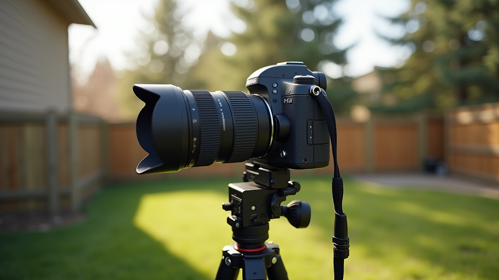Close-up view of a camera on a tripod set up in a Calgary backyard